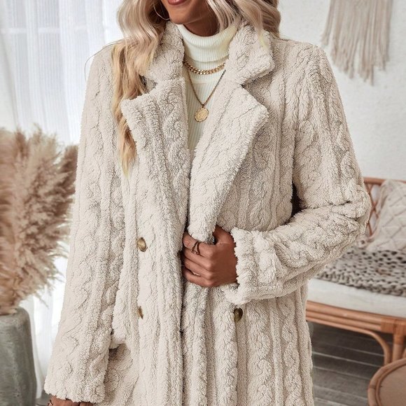 Apricot Casual Womens Double Breasted Lapel Neck Flannelette Coat